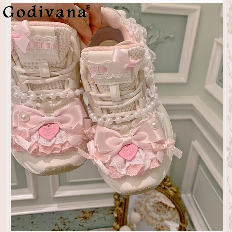 المرأة الارتفاع زيادة أحذية رياضية كاجوال الأصلي مقوس دانتيل اللؤلؤ الشريط أحذية الإناث لطيف الحلو سميكة سوليد لوليتا الأحذية