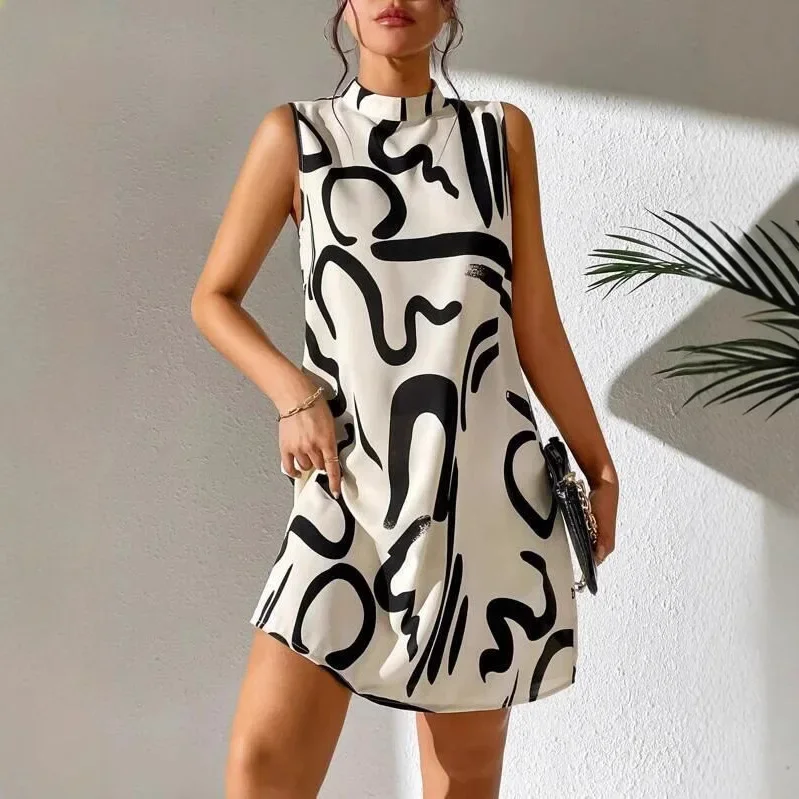 

Fashion Sexy Sleeveless Woman Dress Office Lady Summer Print O-neck Elegant Stripe Casual Daily Sleeveless Stripe Mini Dress