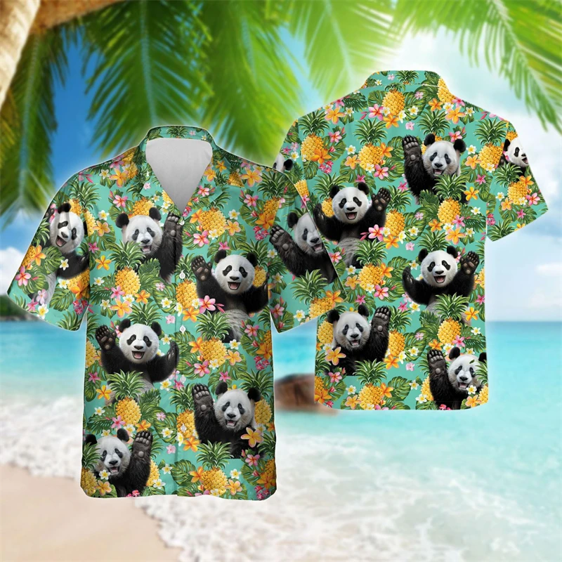 Panda Graphic Lapel Blusa para Homens e Mulheres, Tops Masculinos Kawaii, Camisa de Manga Curta, Roupas de Animais Engraçadas, Havaianas, Blusas de Bambu, Adorável