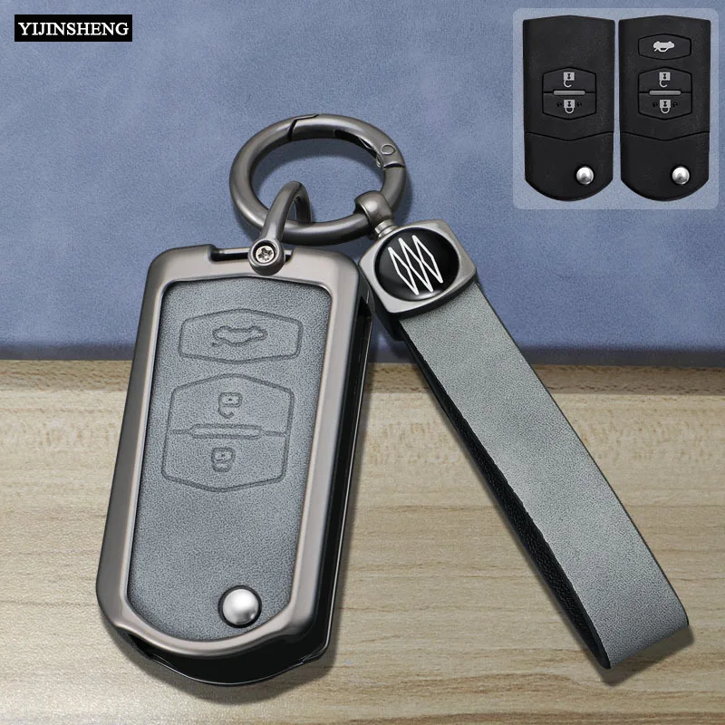 Zinc Alloy + Leather Car Key Case Cover For Mazda 2 3 5 6 CX7 CX9 RX8 MX5 MPV Demio 2 3 Buttons Flip Remote Key Protection