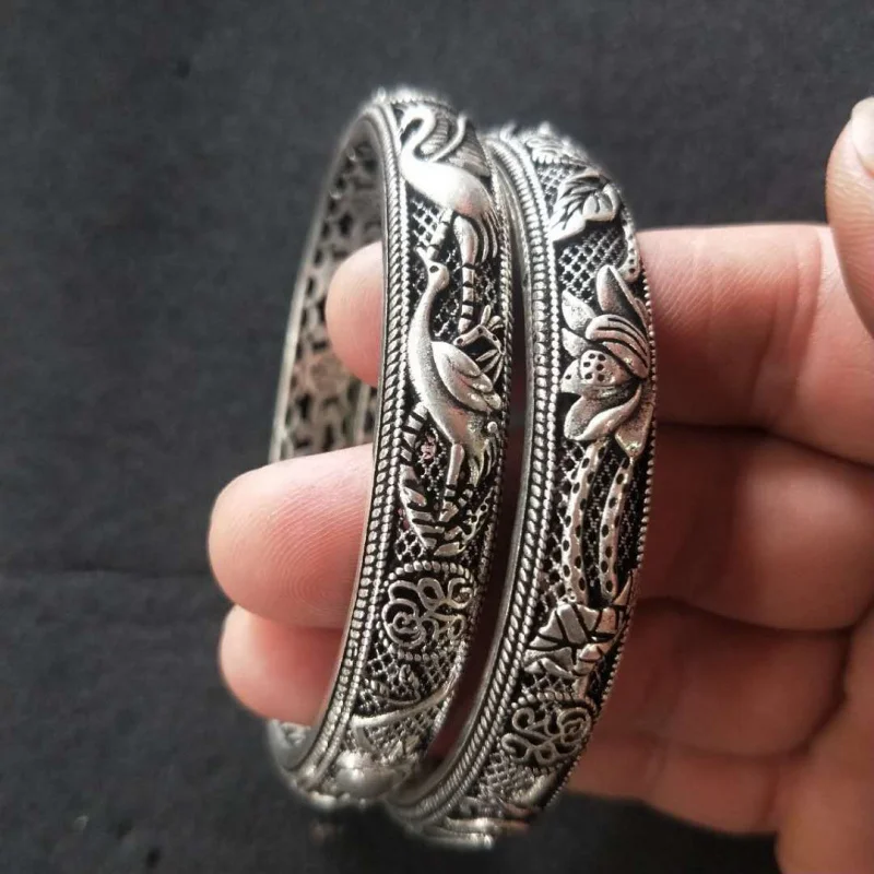 Vintage Thai Crane Birthday Antique Black Tibetan Bracelet Miao Silver Jewelry