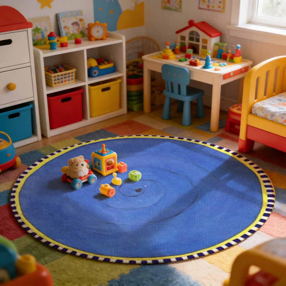 Large Round Blue Area Rug with Yellow and Blue Border Perfect for Living Room Hallway Entryway Decor