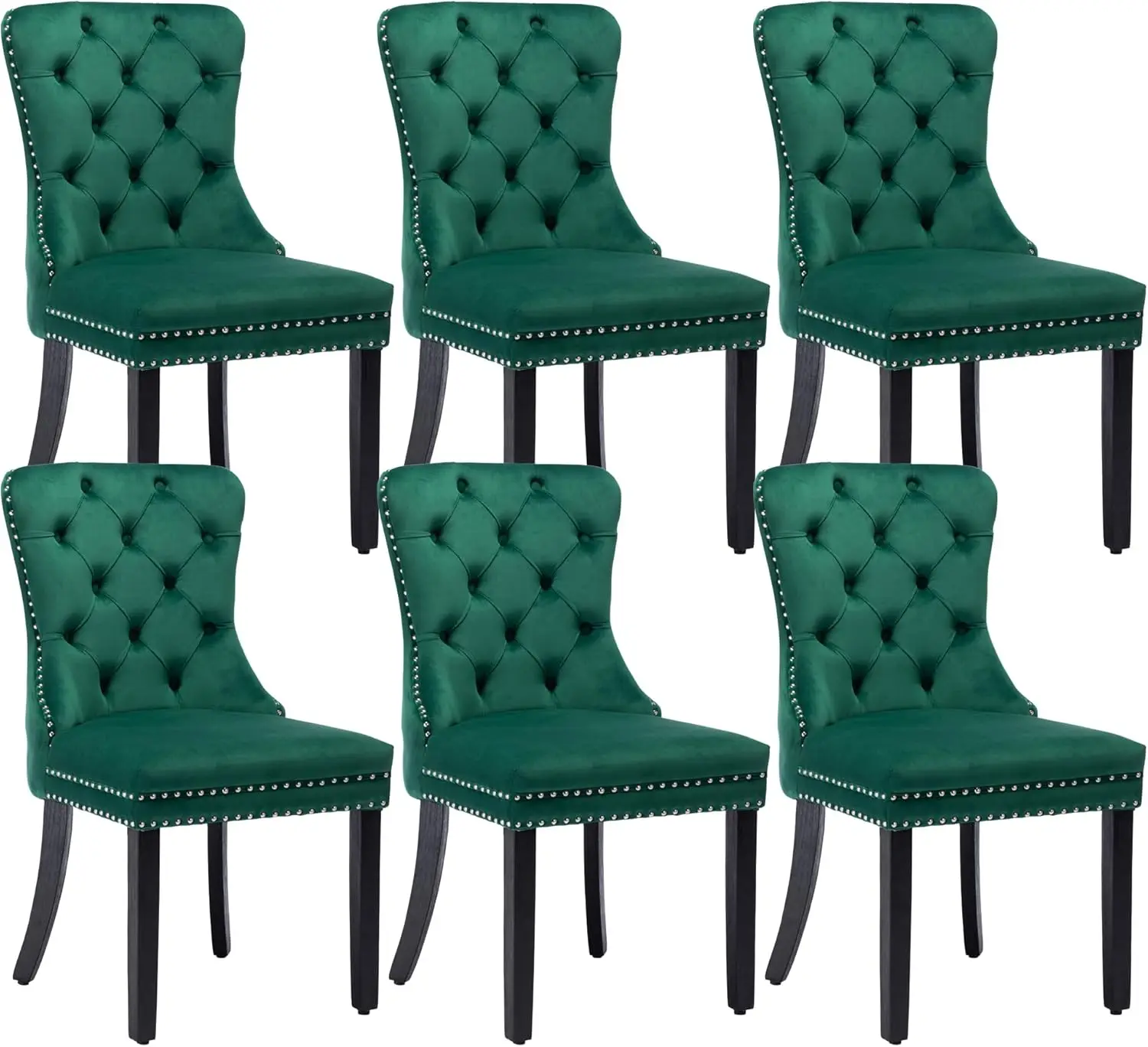 Green，Velvet Dining Chairs Set of 6, Upholstered High-end Tufted Dining Room Chair with Nailhead Back Ring Pull Trim Solid Wood