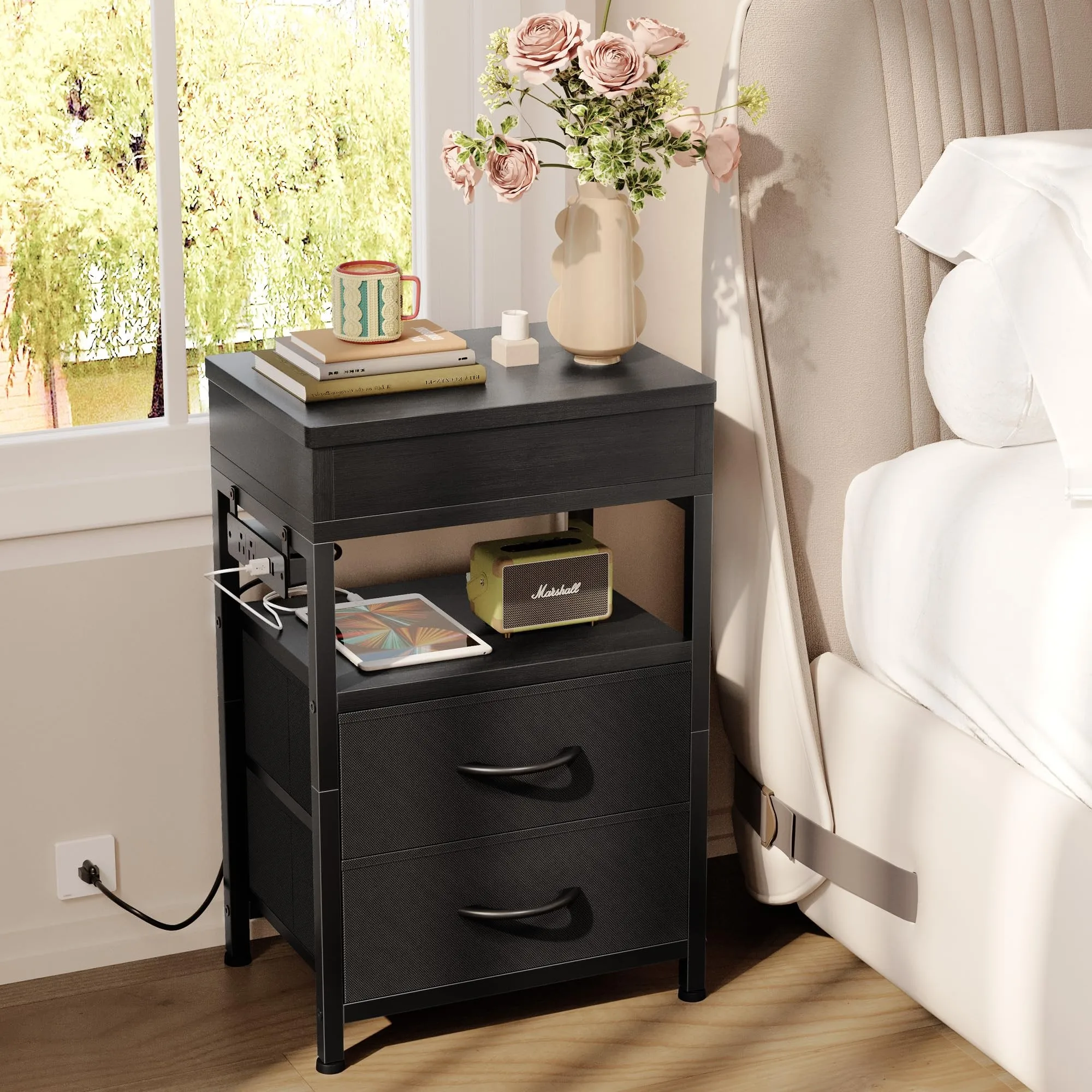 Nightstand, Lockable Hidden Compartment, Sliding Top Charging Station, 2 Fabric Drawers with USB & AC Outlets
