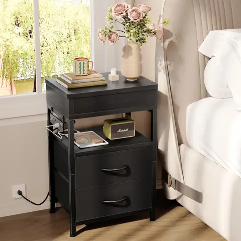 Nightstand, Lockable Hidden Compartment, Sliding Top Charging Station, 2 Fabric Drawers with USB & AC Outlets