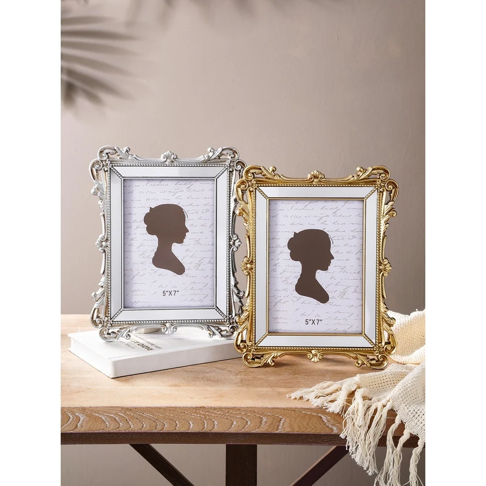 5x7 Inch Gold Tone Resin Picture Frame Baroque Vintage Design with Easel Back and Hanging Hook for Dual Display