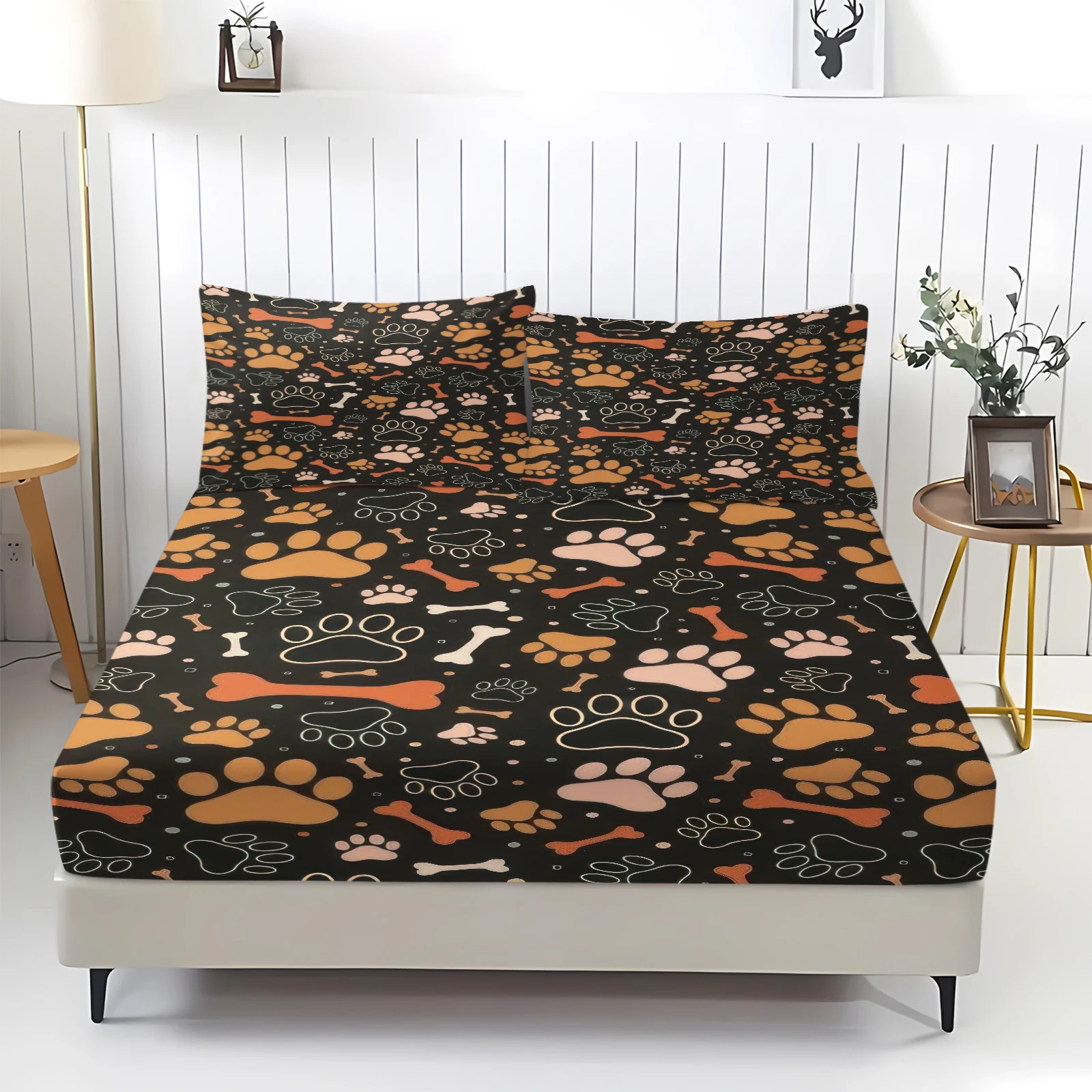Dog Paw Print Bone Fitted Sheet Set Black Background Pet Dog Pattern Bedding Set Soft Microfiber Mattress Cover with Pillowcases