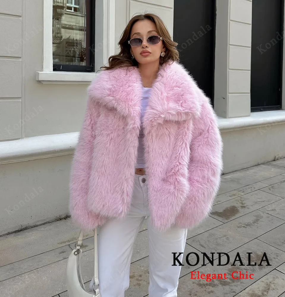 

KONDALA Элегантная женская розовая куртка из искусственного меха с большими лацканами, новинка 2025 года, осенне-зимняя модная уличная роскошная женская куртка