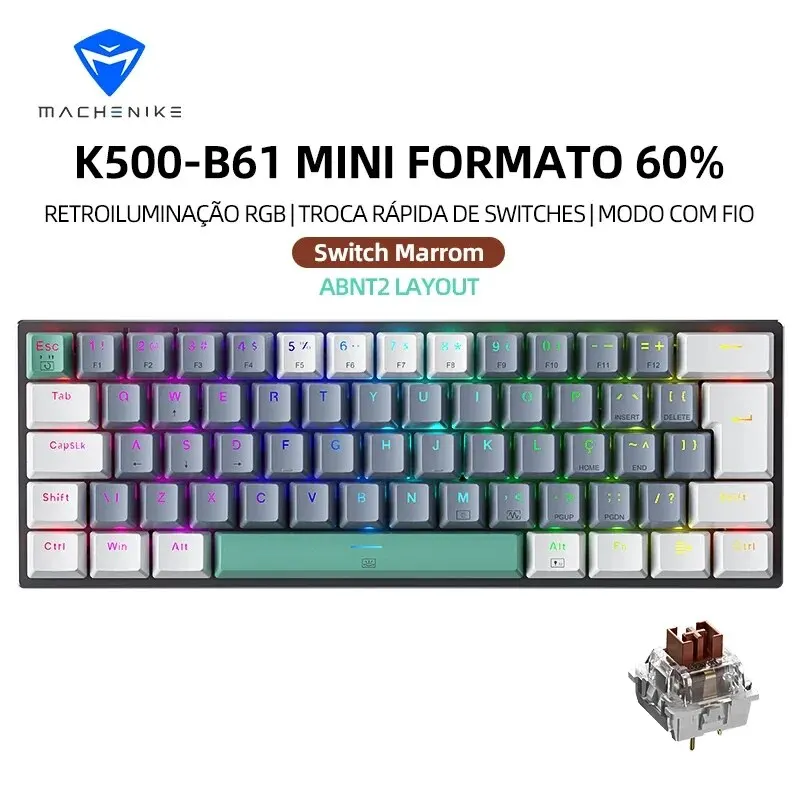 Machenike K500-B61 Mini Mechanical Keyboard 60% ABNT2 Layout RGB Backlight Hot-swappable NKRO Wired 