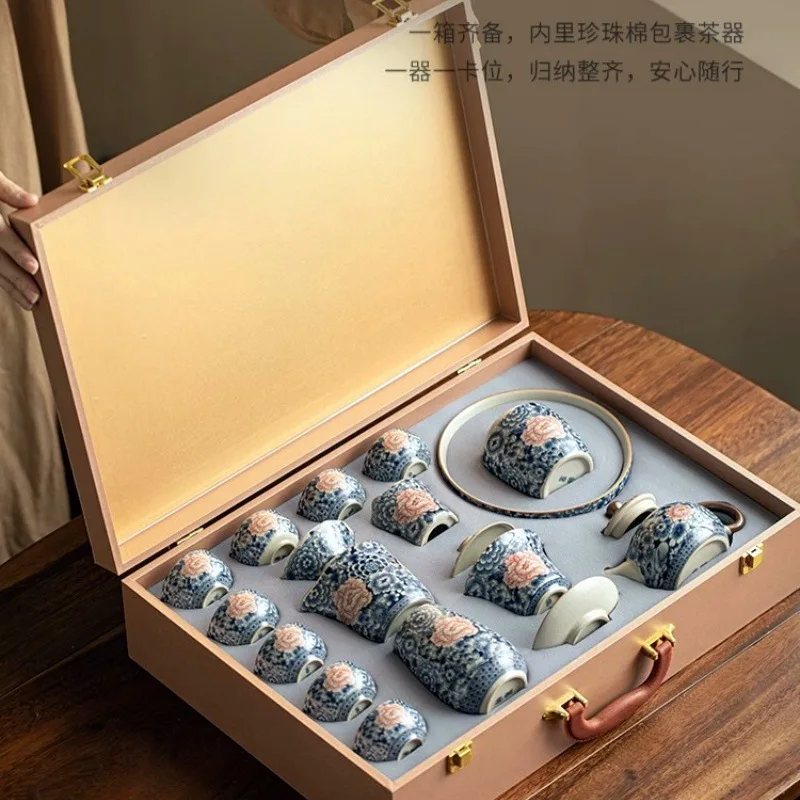 Ru Kiln Golden Thousand Flowers Gaiwan Kung Fu Tea Set Teapot Teacup Household Complete Set Tea Brewing Device Business Gift Box