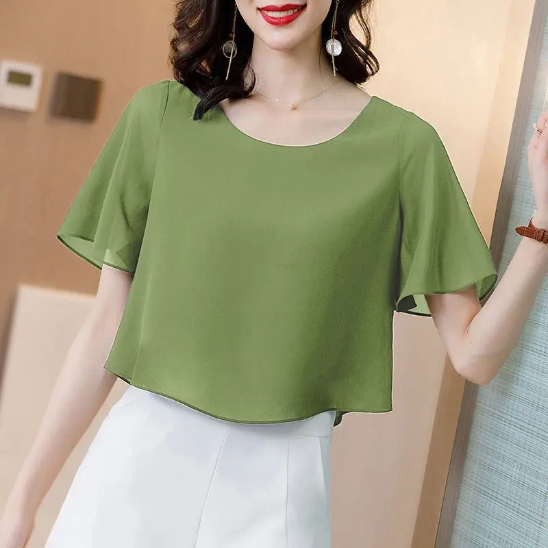 Elegant Solid Color Loose Fake Two Pieces Blouse Women Clothing 2023 Summer New Casual Pullovers Office Lady Chiffon Shirt