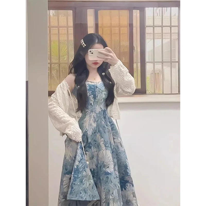 Ele Floral Print ter Dr Women's New Sle Two-Piece Set with Hollow out Sun Protection Cardigan Spring Summer Autumn