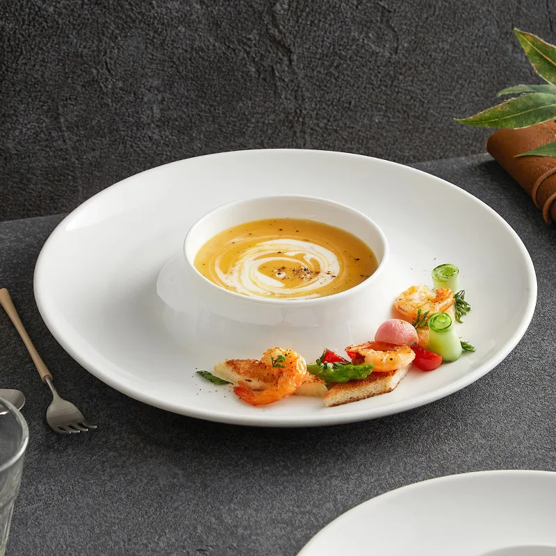 

13-Inch ceramic plate White Volcano Restaurant Plate High-end tableware Frisbee type Internet celebrity plate