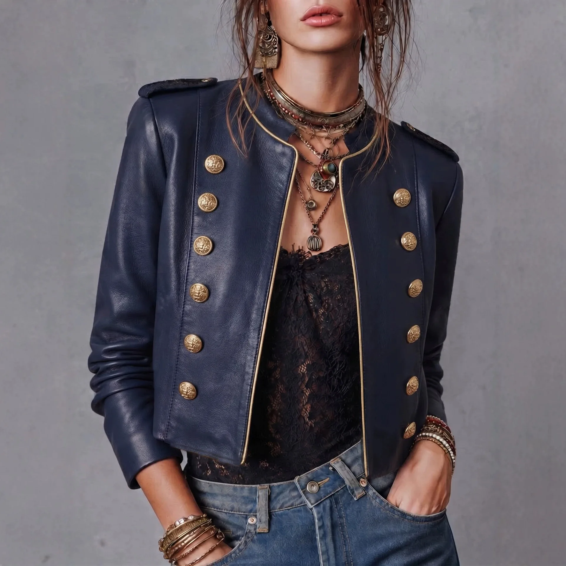 HLJ Vintage Fashion Leather Patchwork Jacket Women Stand Collar Double Breasted Crop Coat Long Sleeve Casual Street Outerwear