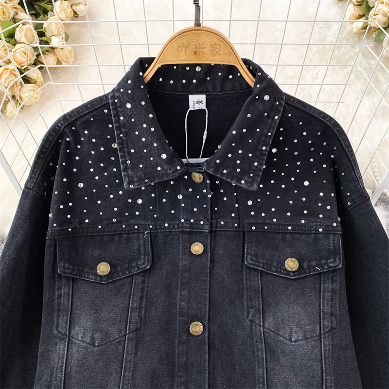 Jaket Denim pendek wanita longgar Korea jaket Jeans wanita lengan panjang kasual Lapel berlian biru hitam jaket Denim pendek musim semi musim gugur wanita