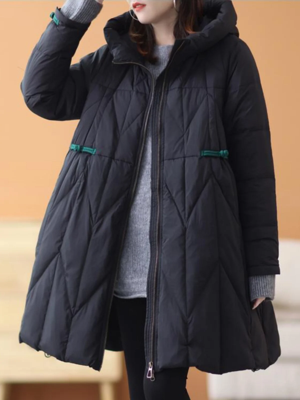 

Белое стеганое пальто Du down, китайское длинное пальто трапециевидной формы, винтажный дизайн на пуговицах, теплое полиэфирное волокно, застежка-молния с капюшоном