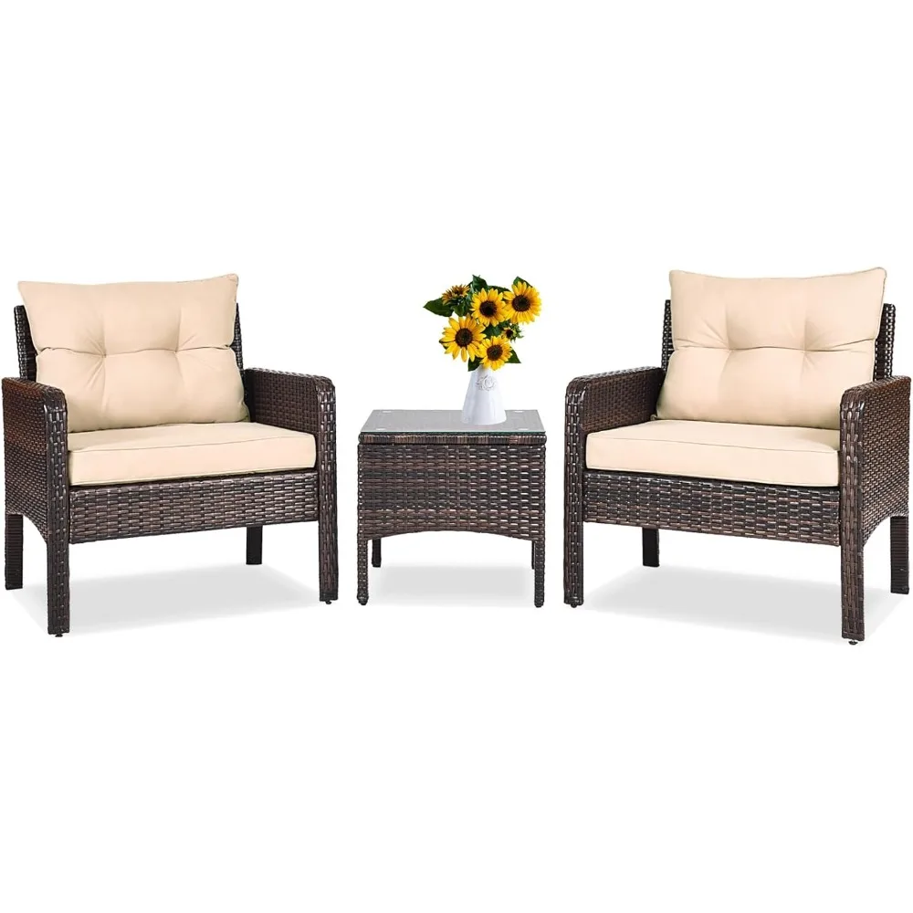

3-piece courtyard furniture set, outdoor rattan conversation set, with cushion, glass top coffee table, garden balcony