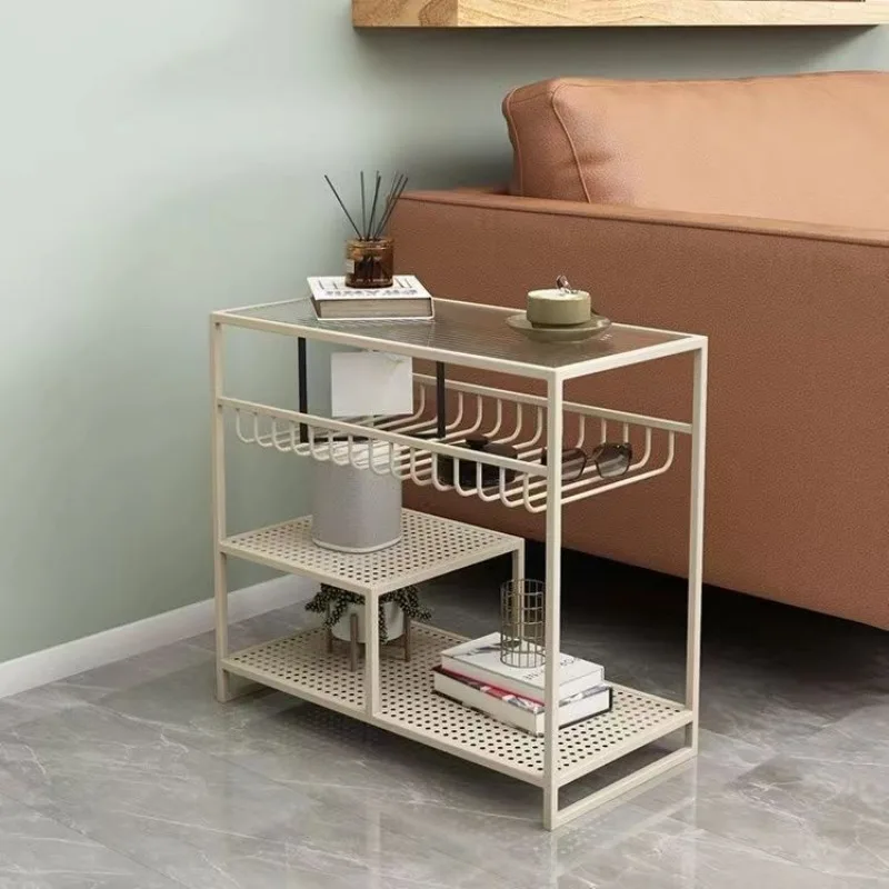 

Living room storage rack wrought iron coffee table sofa side cabinet removable glass small coffee table balcony small desk
