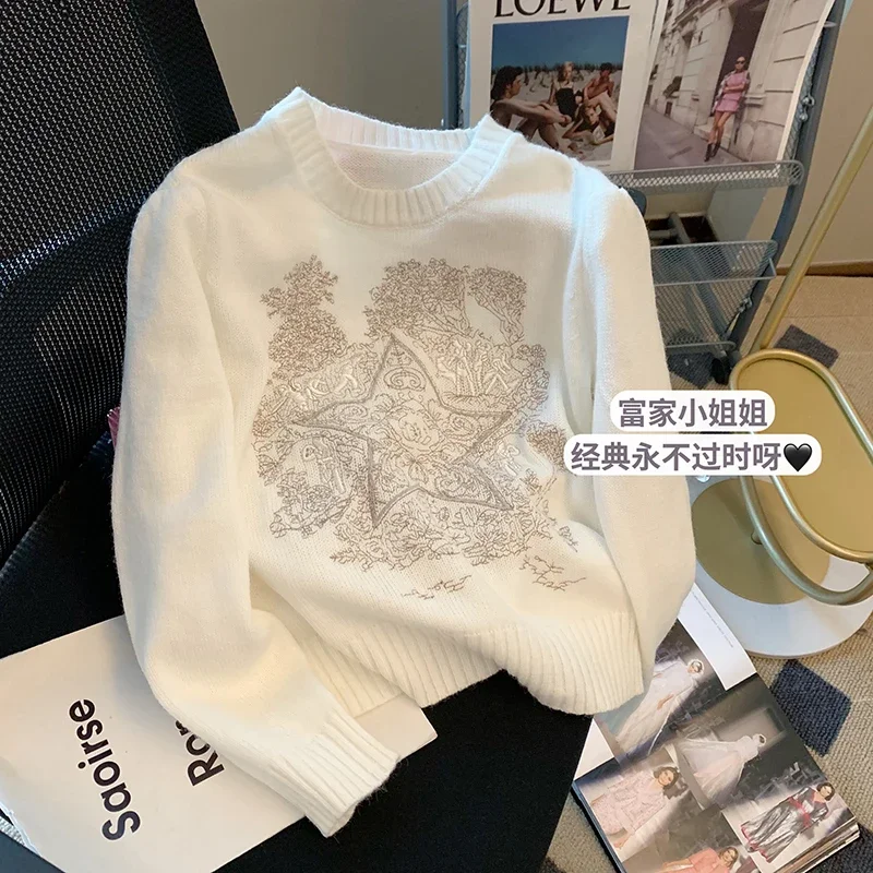 Knitted Sweater Pullovers Women Autumn Winter High Street Embroidery Long Sleeve Vintage Fashion Tops 2022 Women Sweaters Mujer