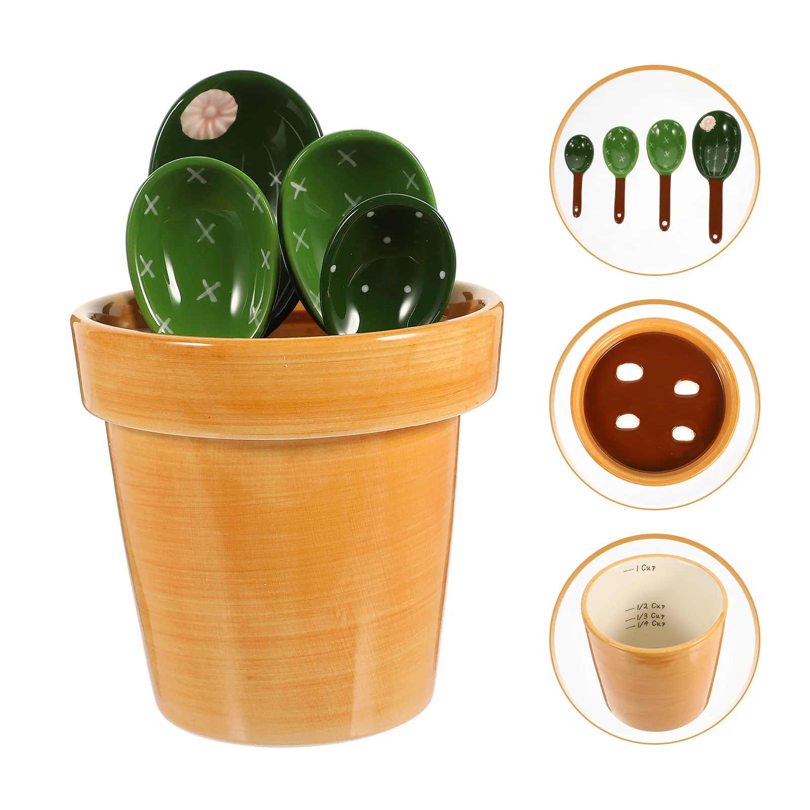 1Set Baking Measuring Spoon Set Ceramic Cactus Design Kitchen Tool Holder Space Saving Graduated Scoop for Coffee Powder Flour