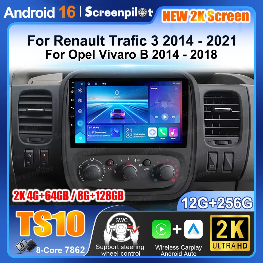 Rádio Automotivo Android 16 Carplay para Renault Trafic 3 2014-2021 e Opel Vivaro B 2014-2018, Reprodutor Multimídia com Navegação GPS