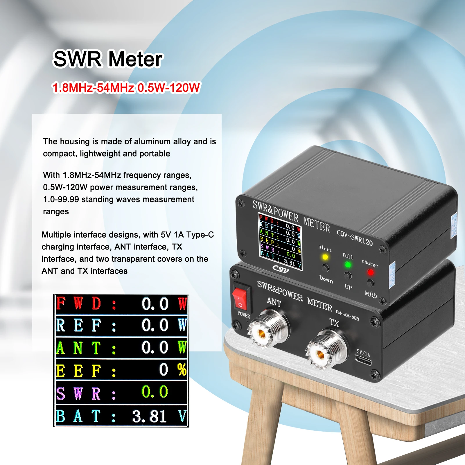 Power Watt Meter 1.8MHz-54MHz Standing-waves Meter 240 * 240 Full Color Digital LCD Display SWR Short Waves Meters 0.5-120W