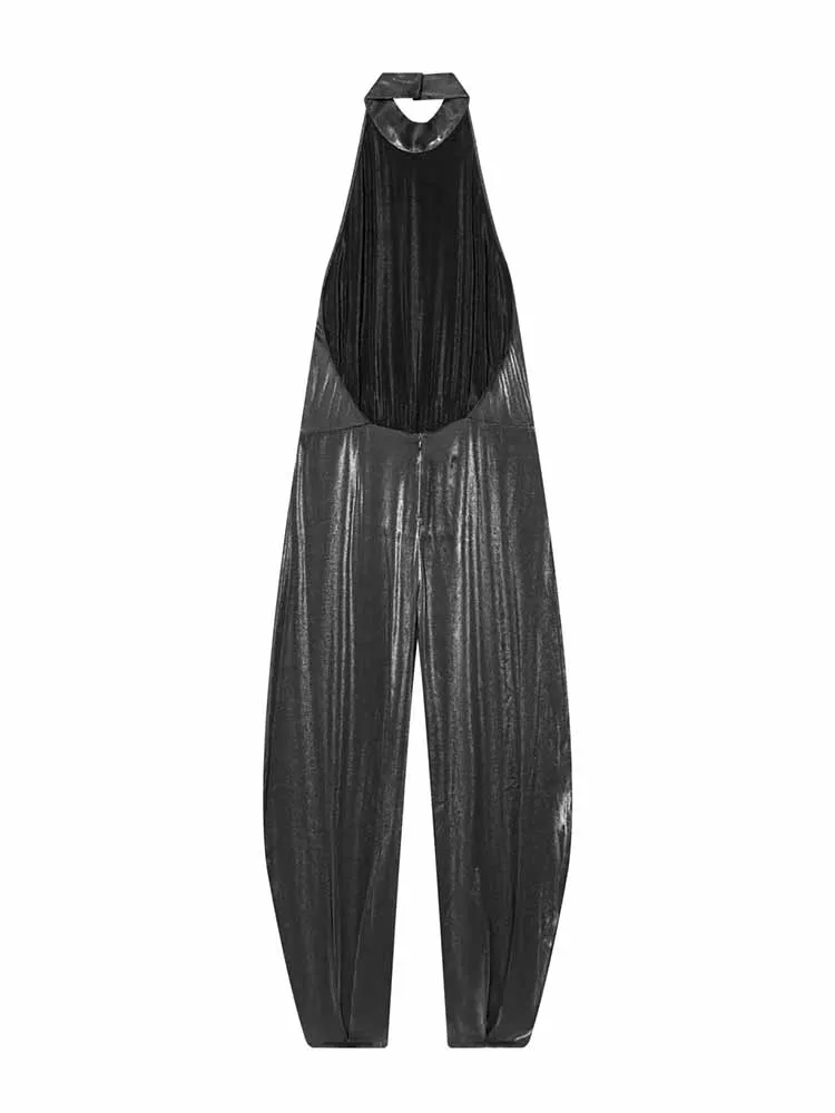 Damski letni kombinezon z dekoltem typu halter, plisowanymi detalami, odkrytymi plecami, bez rękawów, zapinany na zamek, z bufiastymi nogawkami, casualowy.