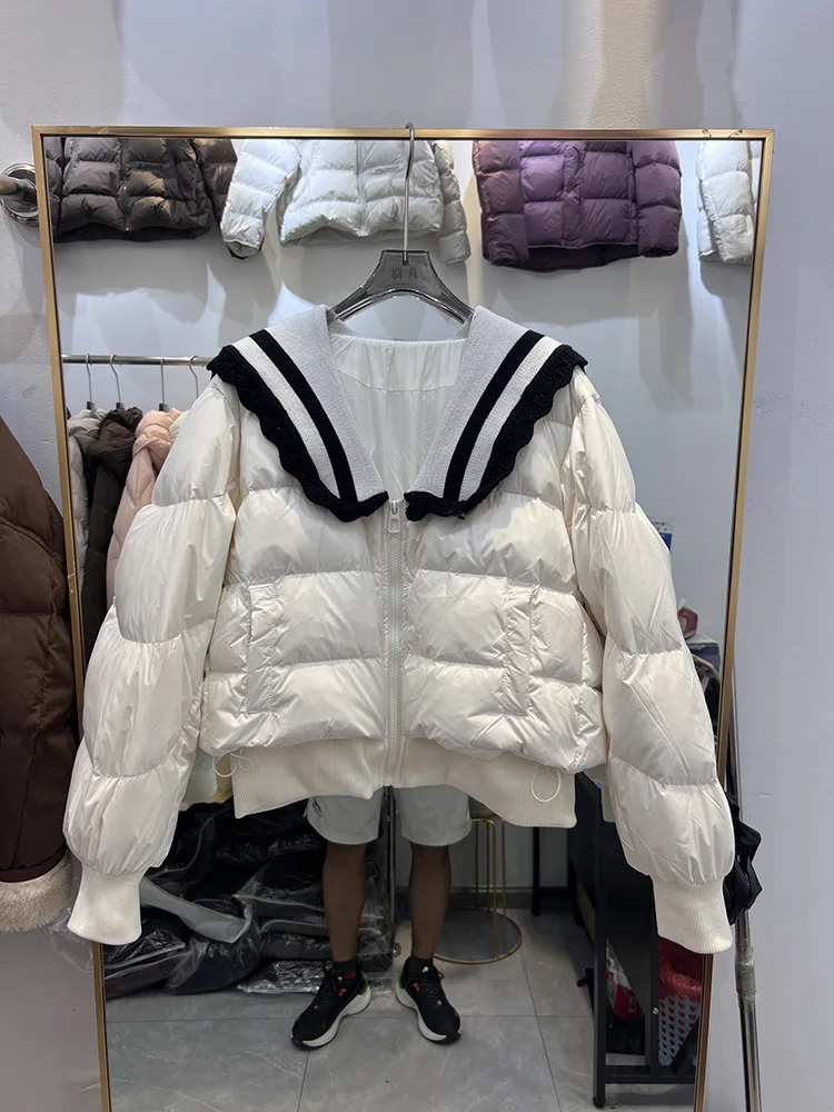 

Women's short style cute contrast color lapel collar loose versatile white duck down jacket 2025 winter new down jacket