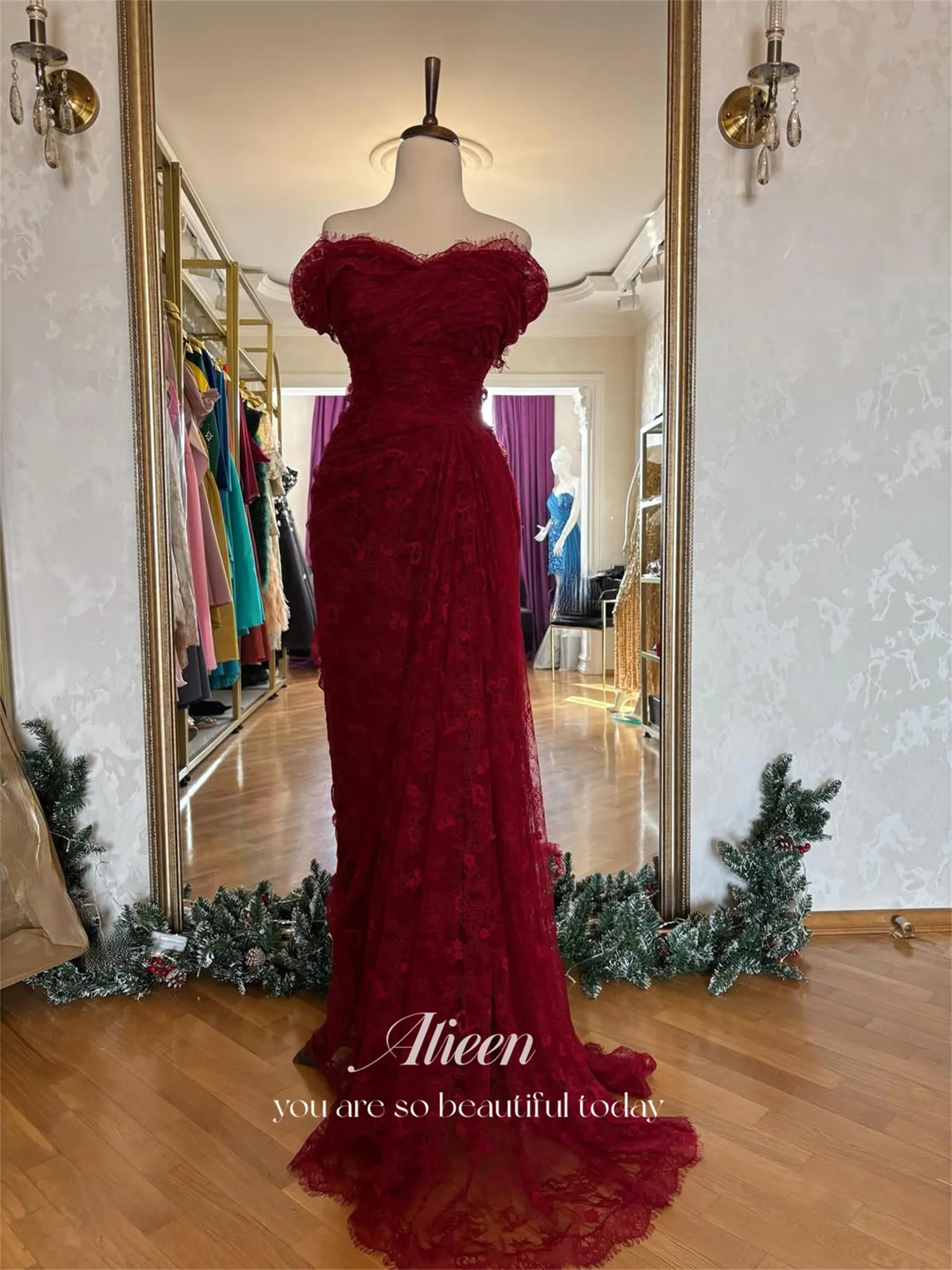 Aileen Burgundy Lace Off Shoulder Evening Dress Hot Sale Short Sleeve Mermaid Floor-Length Ruffles Formal Party Dress Customized image 4