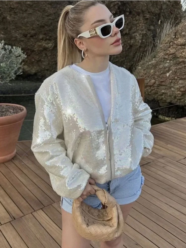 

Tossy Sequin Fashion High Street Coat Jackets Female Long Sleeve Slim Glitter Patchwork Loose Zipper Top Sparkle Coat Tracksuit