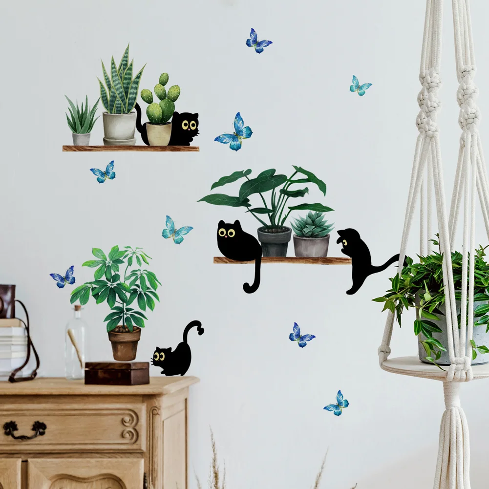 Green Plant Potted Black Cat Wall Sticker Living Room Background Decor Kitchen Home Decoration Wallpaper Self-adhesive Decals