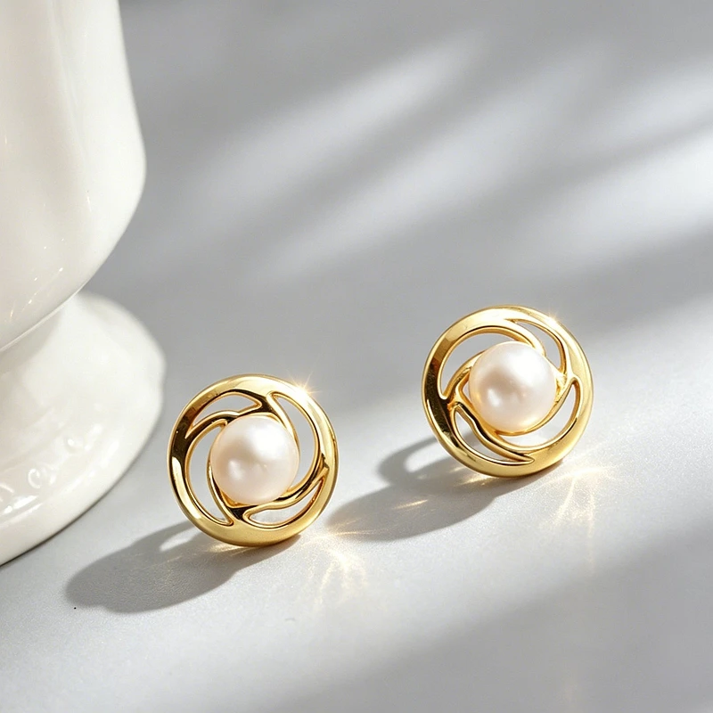 

S925 Sterling Silver Earring Inlaid Natural Freshwater Pearl Swirl Hollow Stud Earrings 24K Gold Plated Minimalist Jewelry Gift