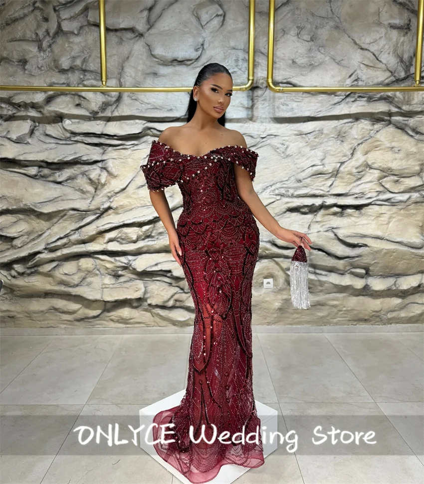 

New Arrival Dark Red Mermaid Evening Party Dresses 2024 Luxury Bead Diamonds Sequins Formal Prom Party Vestidos De Noche