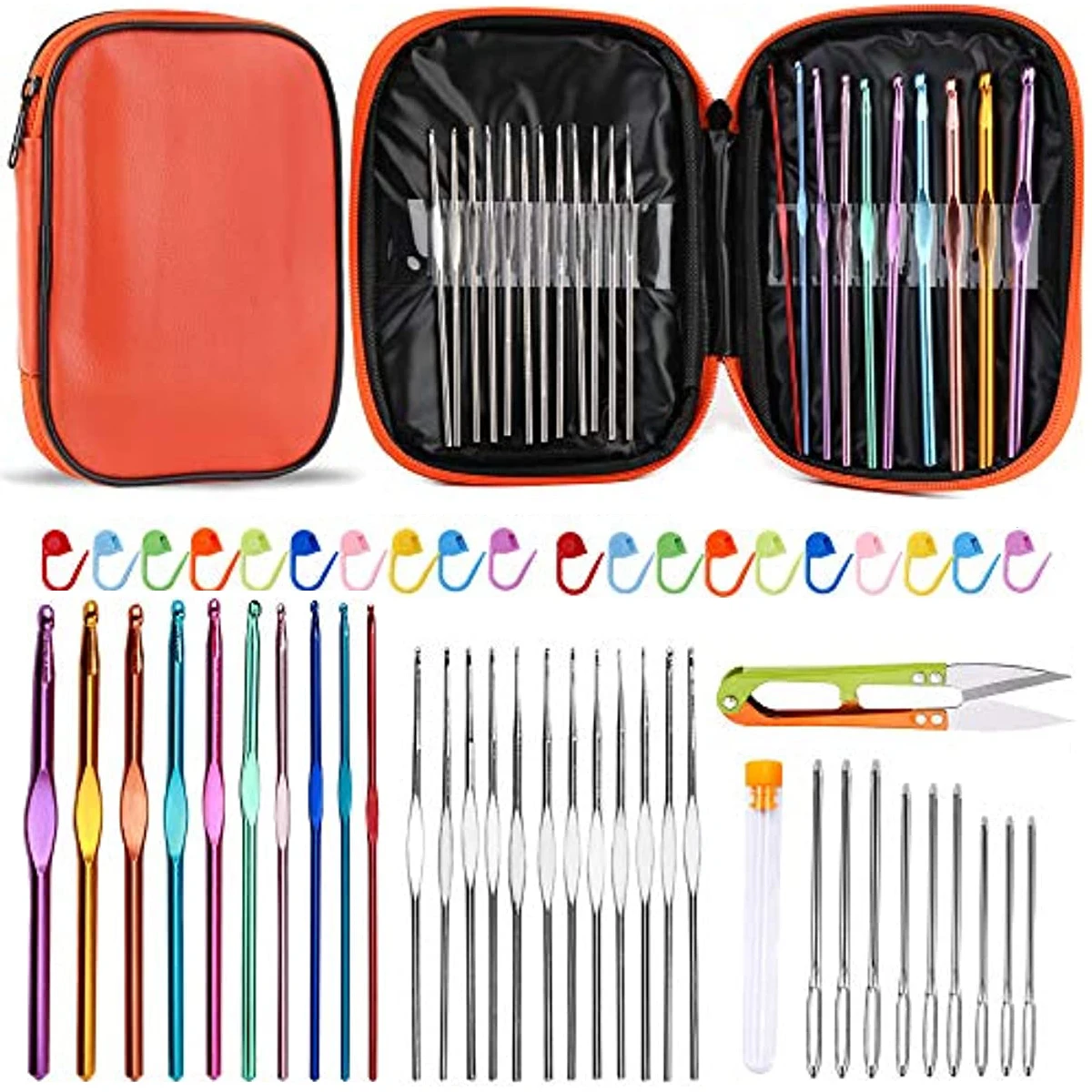 KRABALL 54PCS Crochet Needles Set Crochet Hooks Kit Ergonomic Knitting Needles Blunt Needles Stitch Marker with Storage Case