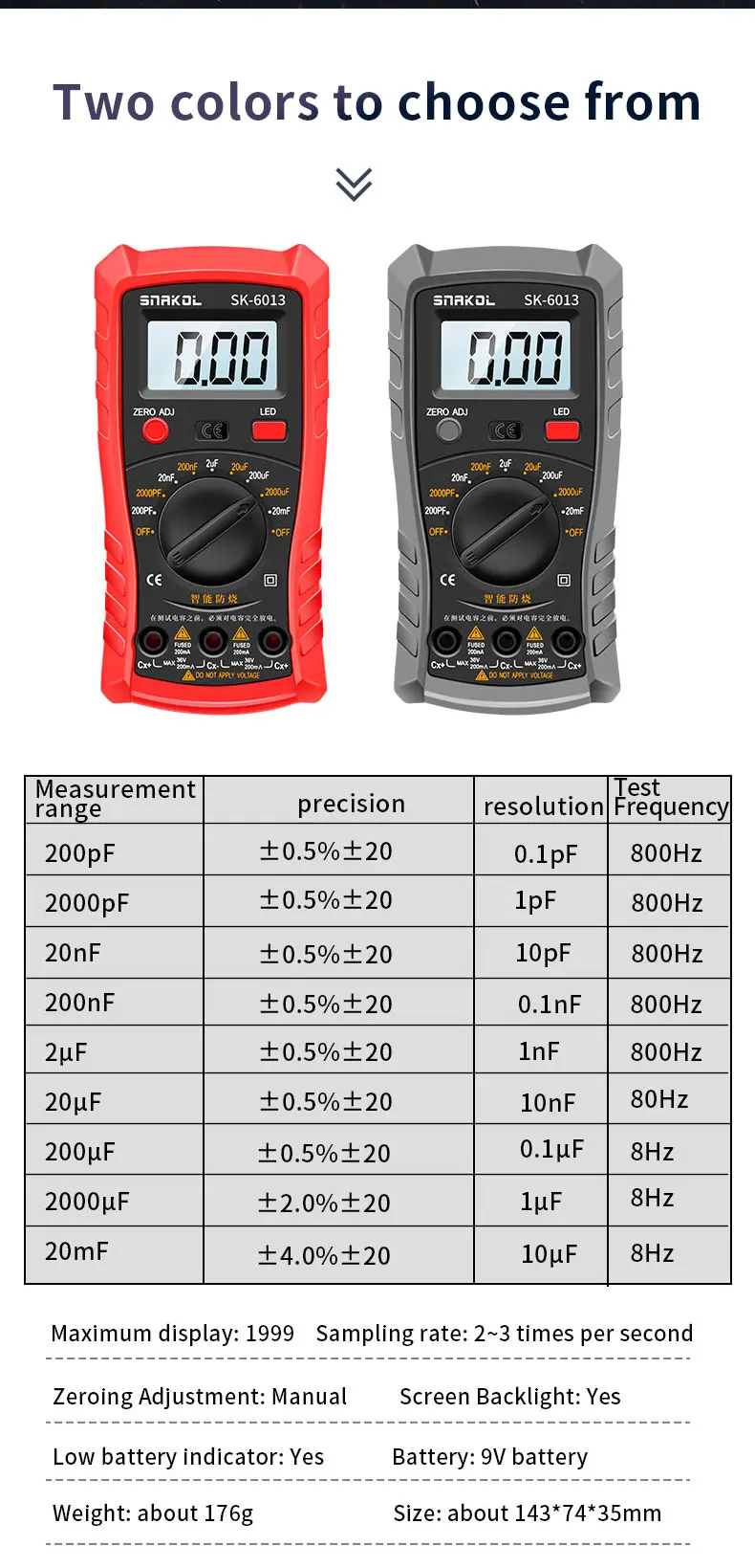 SK-6013 Digitales Kapazitätsmessgerät, professionelles Kapazitätsmessgerät, 20.000 uf, Kondensatortester, 1999, Zählungen, Elektriker-Multimeter – Detail 5