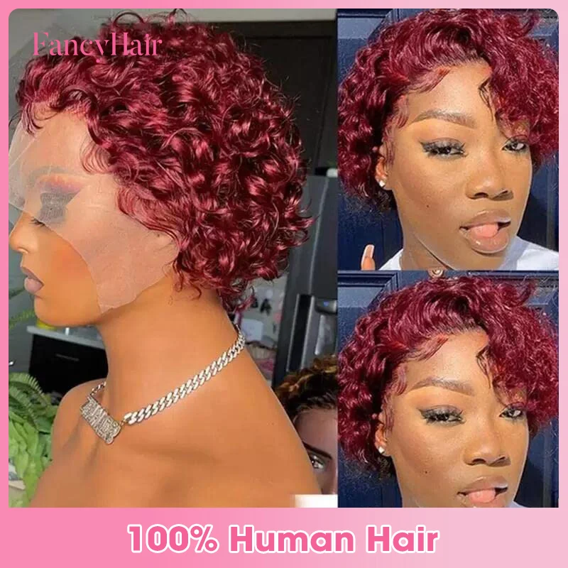 

6inch Pixie Cut Wig Human Hair 99J Short Curly Bob Wigs 13x1 Lace Front Wigs Human Hair Pixie Cut Hair Wigs For Black Women