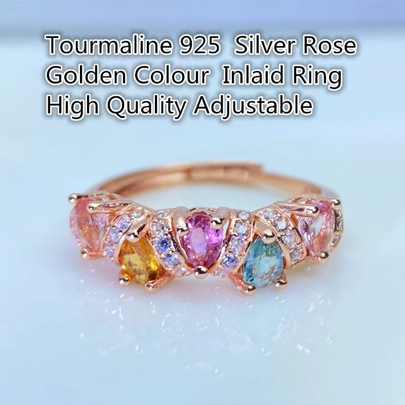 

Natural Tourmaline 925 Silver Rose Golden Colour Inlaid Ring High Quality Adjustable