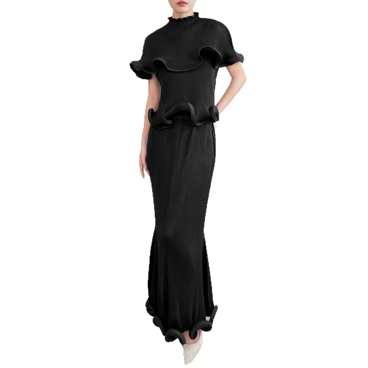 Miyake Pleated Women's Two Pieces Set High-End Fashion Stringy Selvedge Design Short Sleeve T-Shirt + Elastic Waist Long Skirt image 5