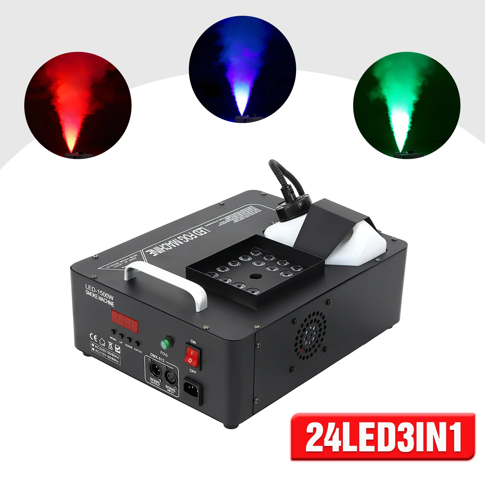 Máquina de nevoeiro LED para festa, DMX Wireless DJ Stage Smoke Fogger, 24 LED RGB, 3in 1, 1500W