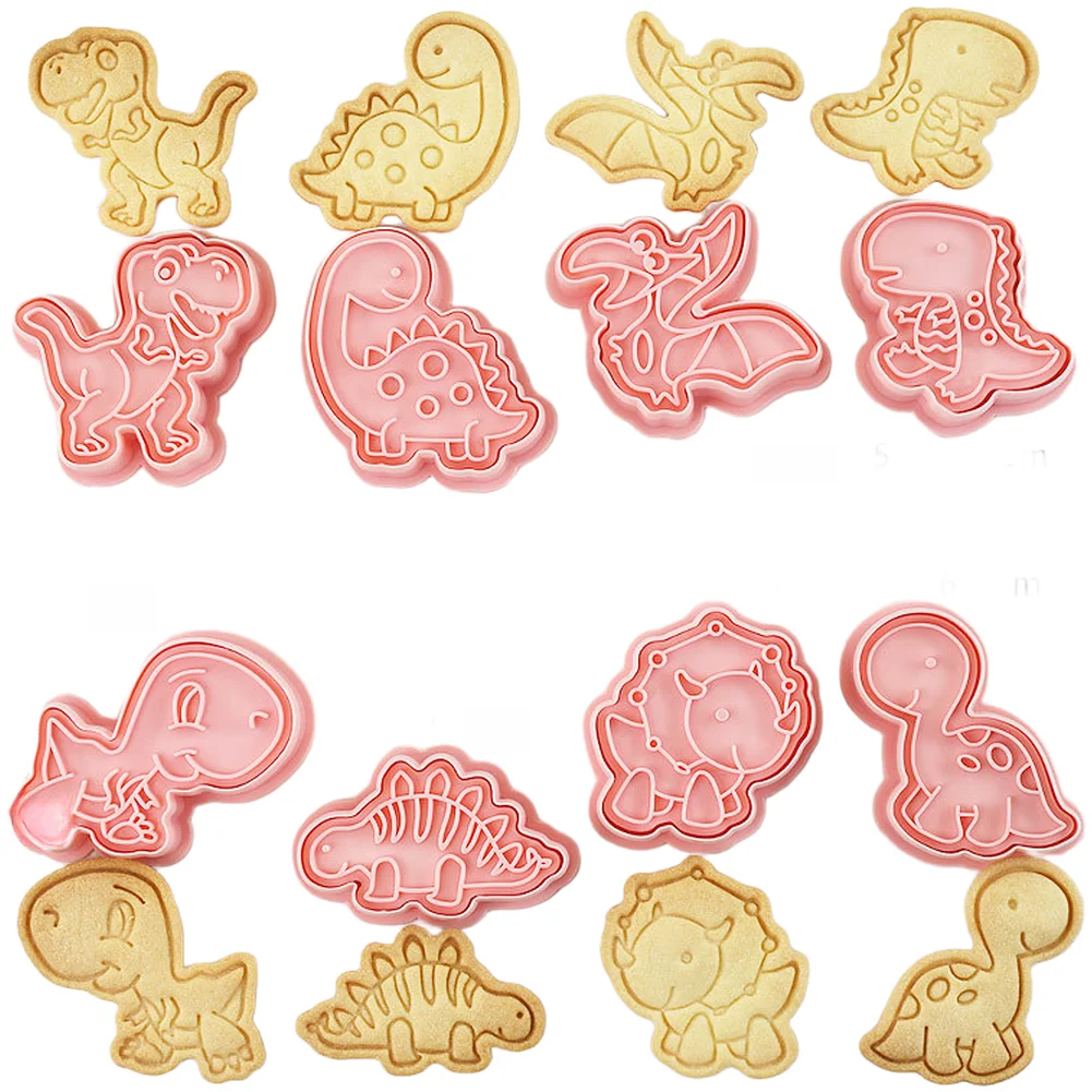 

8 Pcs Dinosaur Cookie Cutters Set Cartoon Style For Baking Tool Made of Food Safe PP Pink Color 16.5x21x2.3cm Box