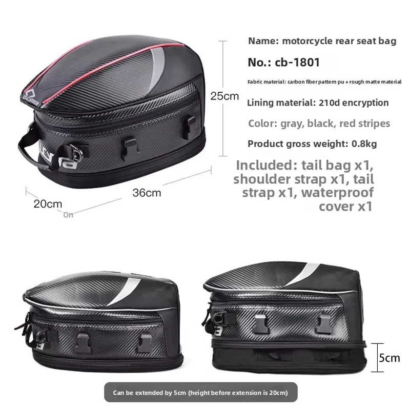 Motorcycle Tail Bag Expandable Carbon Fiber Rear Seat Luggage Rain Cover Large Capacity for Touring Travel Motorbike Riding