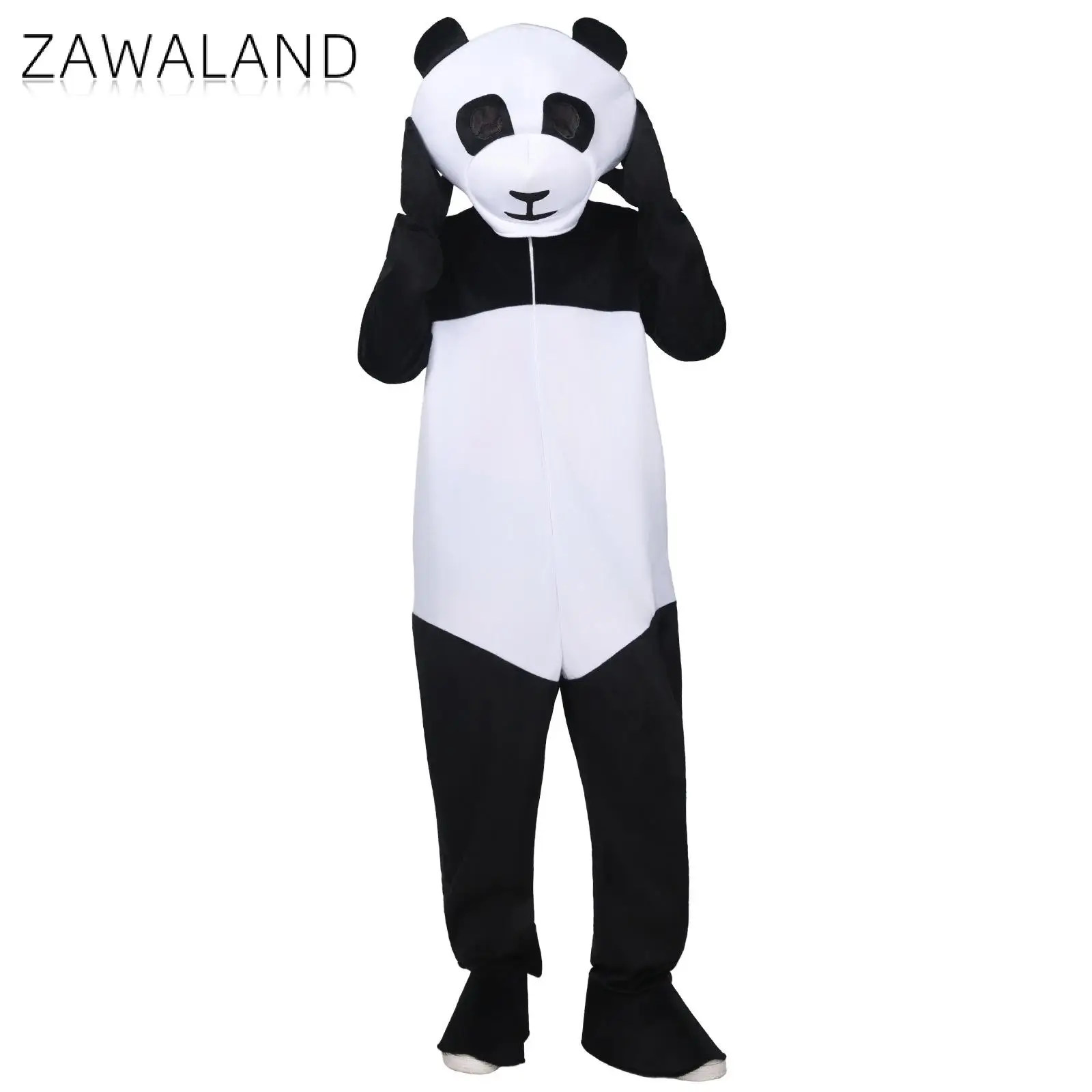 ザワランドパンダコスプレ衣装動物ジャンプスーツヘッドギア付きハロウィンカーニバルドレスアップ衣装大人用ファンシーテーマパーティースーツ