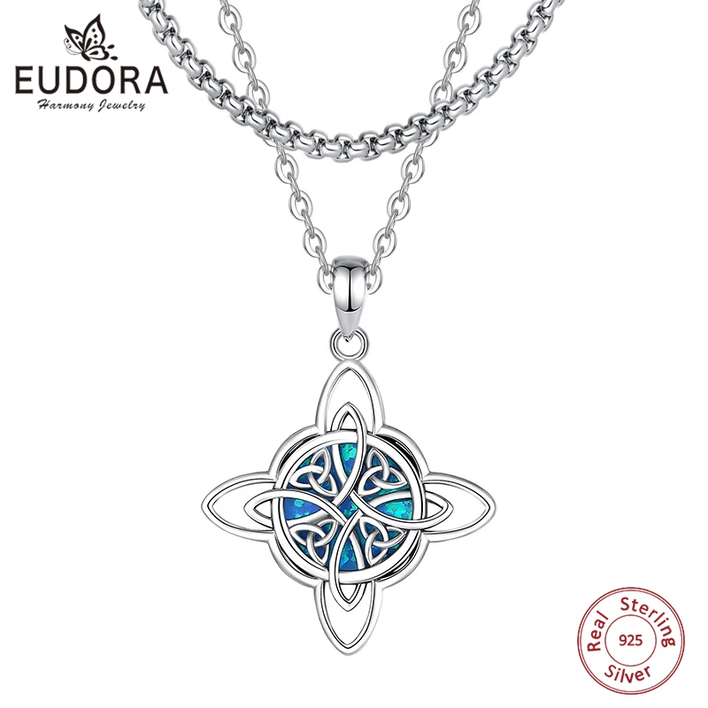 Eudora Original 925 Sterling Silver Witch Celtic Knot Necklace for Men Women Opal Wicca Amulet Necklaces Witchcraft Jewelry Gift