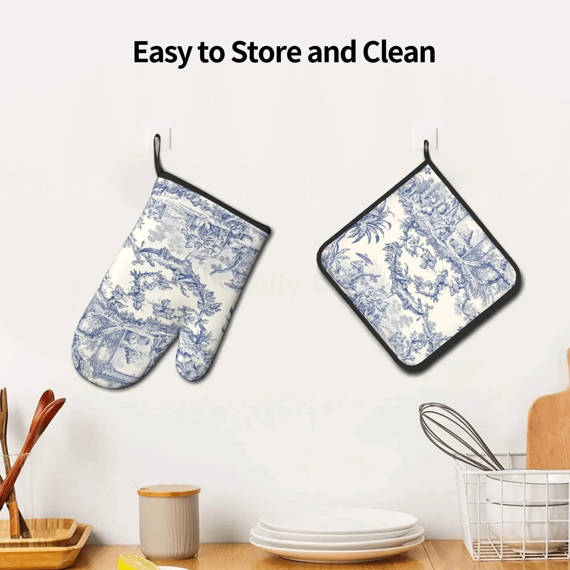 French Toile De Jouy Navy Blue Motif Heat Resistant Oven Mitts and Pot Holders Sets Oven Gloves for BBQ Cooking Baking Grilling