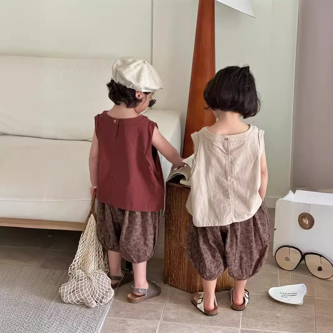 الصيف شقيق شقيقة نظرة الكورية الشاش الصلبة طفل الفتيات أكمام بدلة علوية الأزهار المطبوعة اقتصاص السراويل الزي الأشقاء الملابس #4