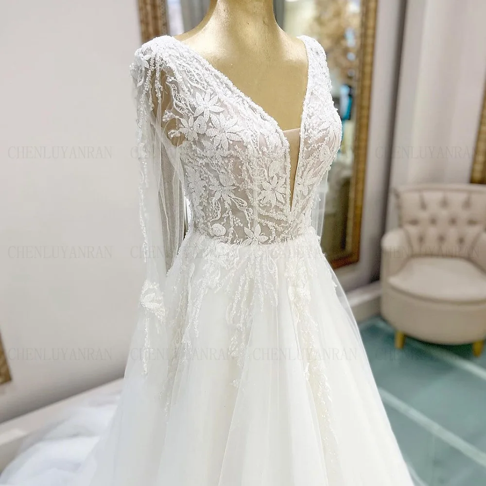 Robes de mariée en tulle à perles exquises pour femmes, longue robe de mariée, train de balayage, ligne A, simple, 2024