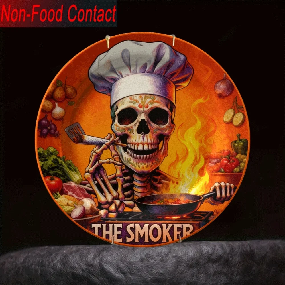 2D Flat, 1pc Ceramic Decorative Plate with Skull Chef Design - Non-Food Contact, Perfect for Home, Office, or Bedroom Decor,