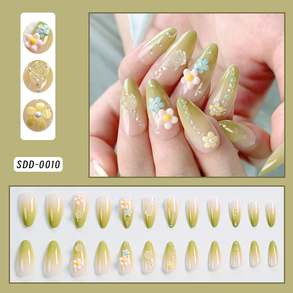 24 pçs gradiente amêndoa francês unhas falsas primavera flor design capa completa extensão de unhas falsas wearable imprensa em unhas para mulher