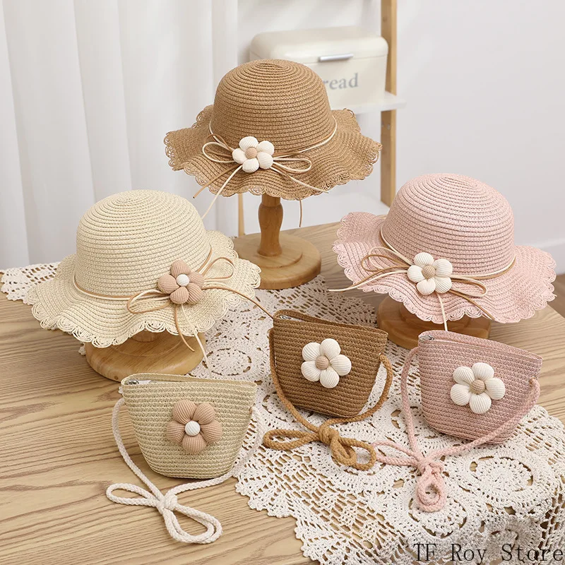 Chapeau d'été à fleurs pour filles, protection solaire pour enfants, sac en paille, accessoires de plage pour bébés de 2 à 8 ans