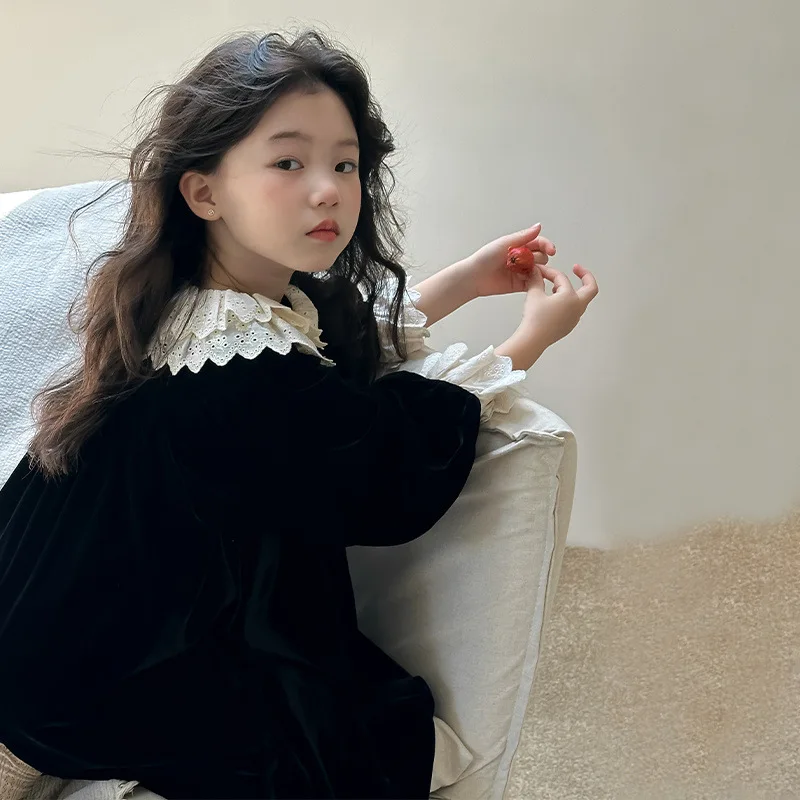 Girls Dress Autumn and Winter 2024 New Children Velvet High-grade Long-sleeved Foreign Princess Dress Korean Simple Style